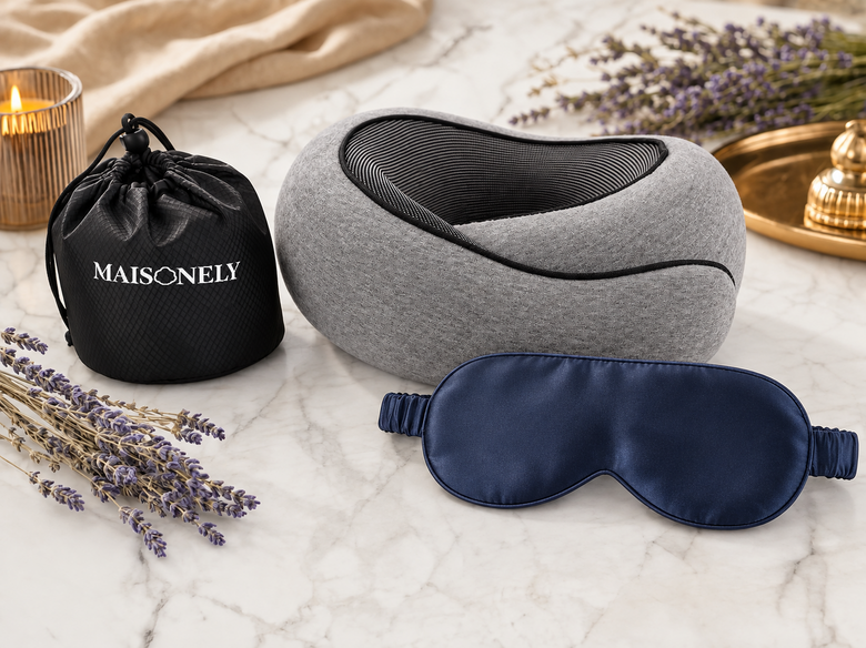 Maisonely silk travel kit: gray travel pillow, silk sleep mask and carry bag