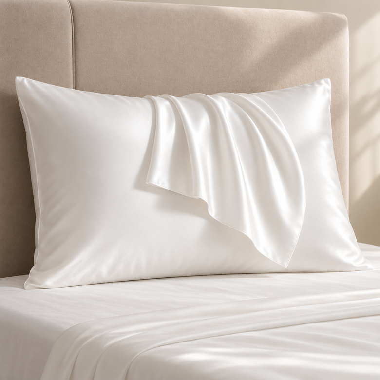 White mulberry silk pillowcase on a bed